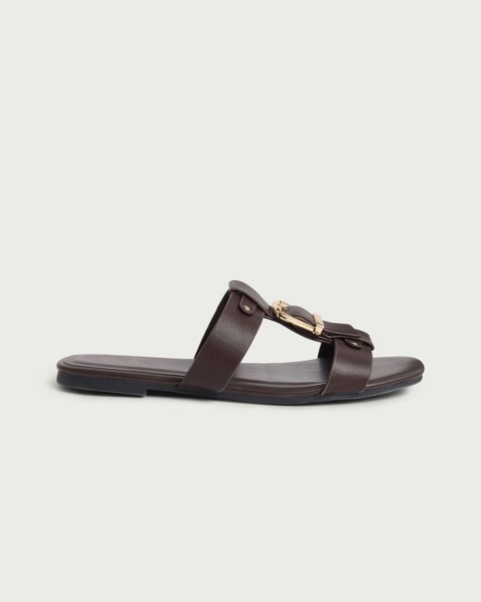 image 1 of F&F Buckle Detail Slip On Sandals in Brown