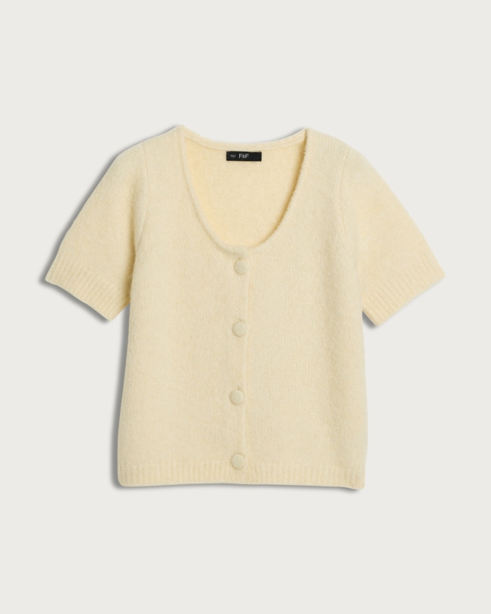 image 1 of F&F Knitted Button Up Short Sleeved Cardigan in Yellow