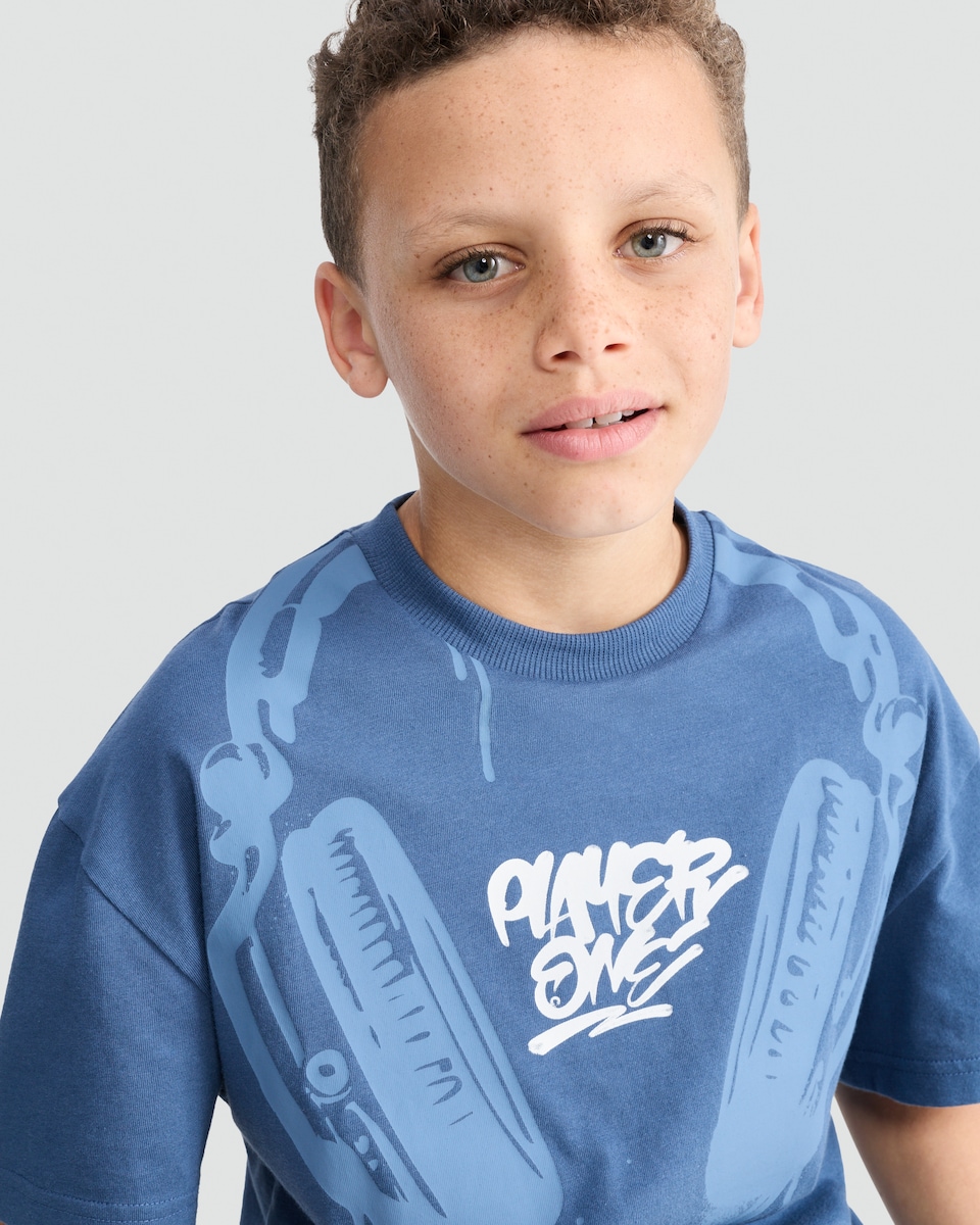 image 1 of F&F Boys Pure Cotton Slogan Short Sleeved T-Shirt in Blue