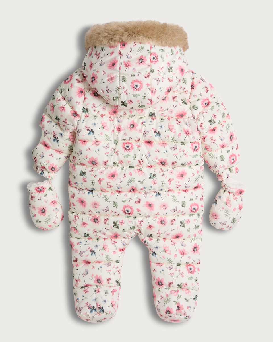 image 1 of F&F Baby Padded Floral Print Shower Resistant Pramsuit in Multi