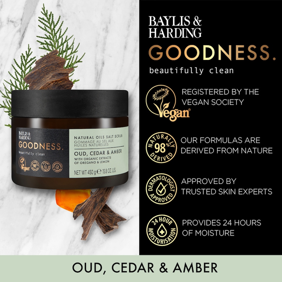 image 1 of Baylis & Harding Goodness Oud Cedar & Amber Salt Scrub 450g