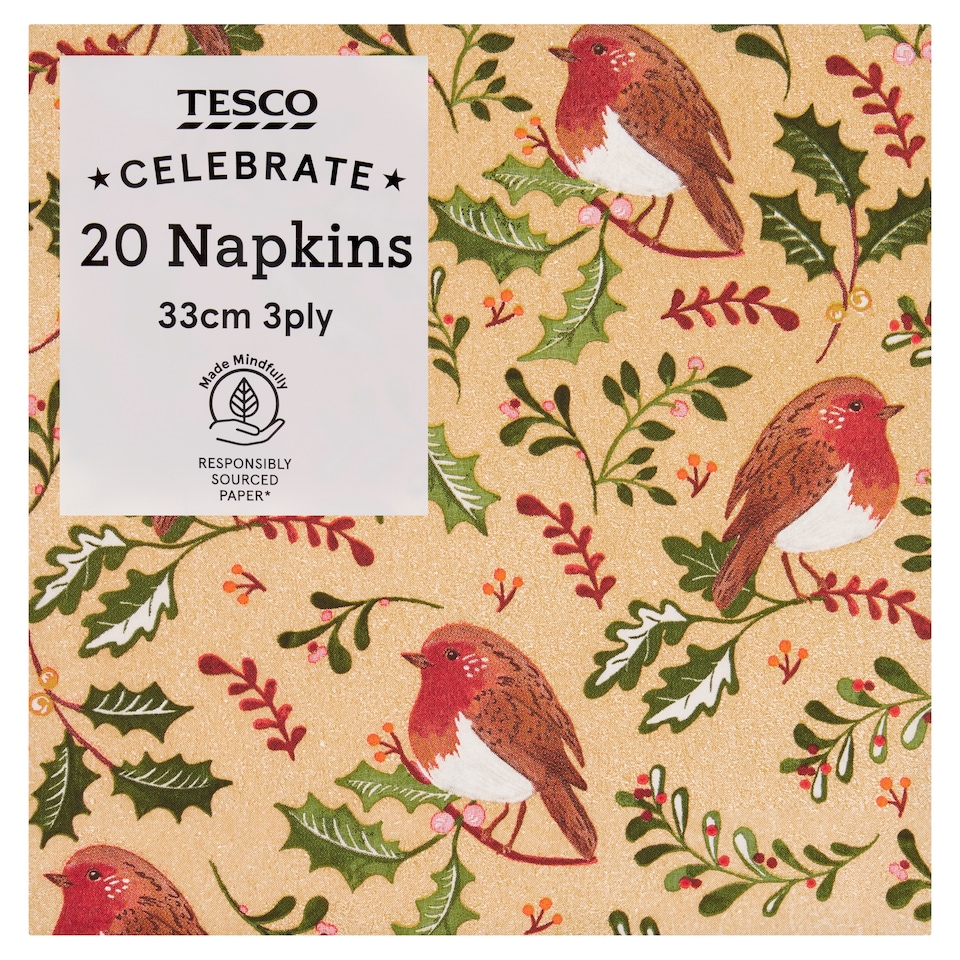 TESCO CELEBRATE Holly Napkin 33cm 3ply 20pk
