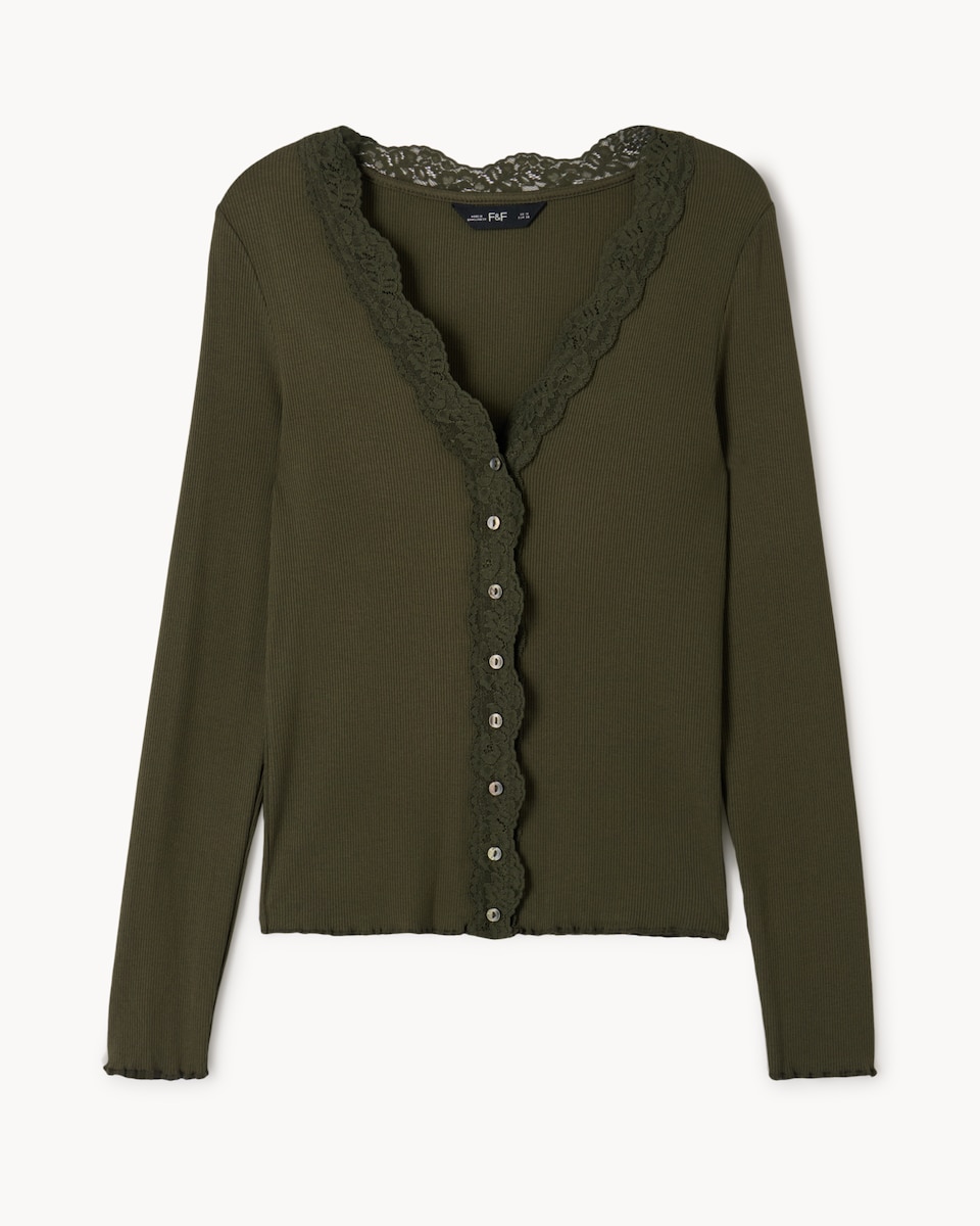 image 1 of F&F Lace Trim Button Up Top in Olive