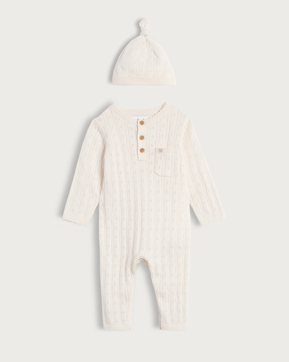 image 1 of F&F Baby 2-Piece Pure Cotton Baby Knitted Romper and Hat Set in White