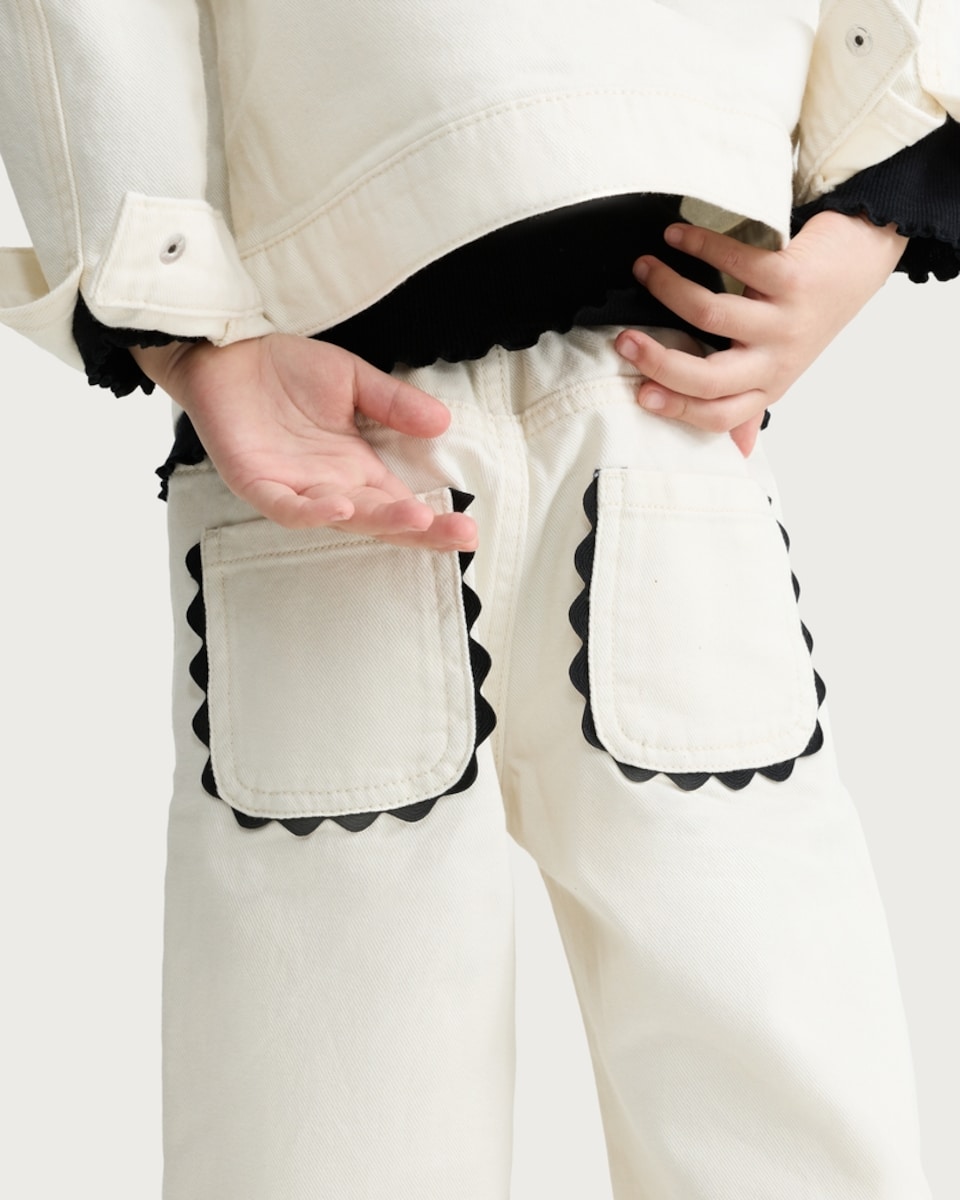 image 1 of F&F Girls Pure Cotton Scallop Trim Wide Leg Jeans in White