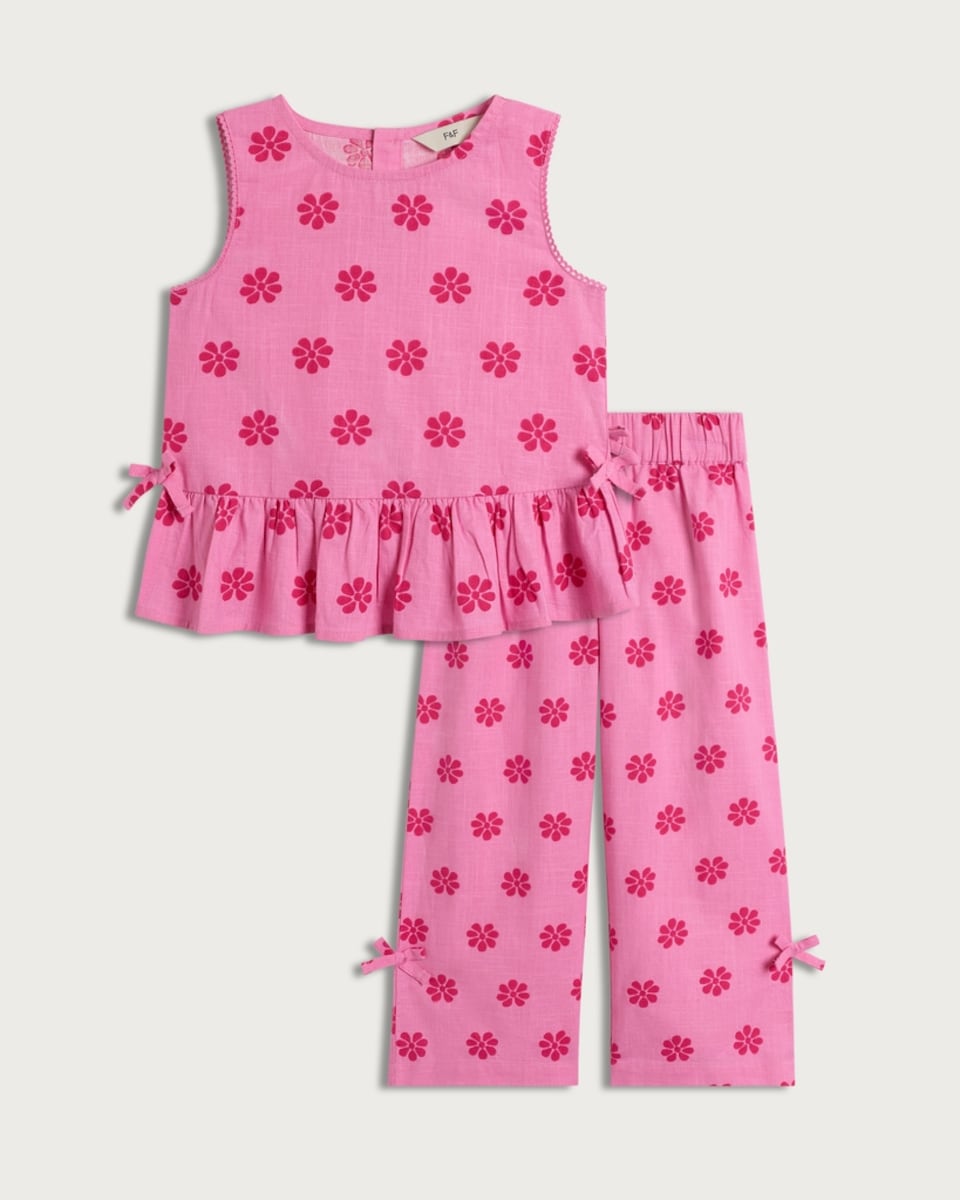 image 1 of F&F Girls 2-Piece Pure Cotton Floral Print Vest and Trousers Set  in Pink