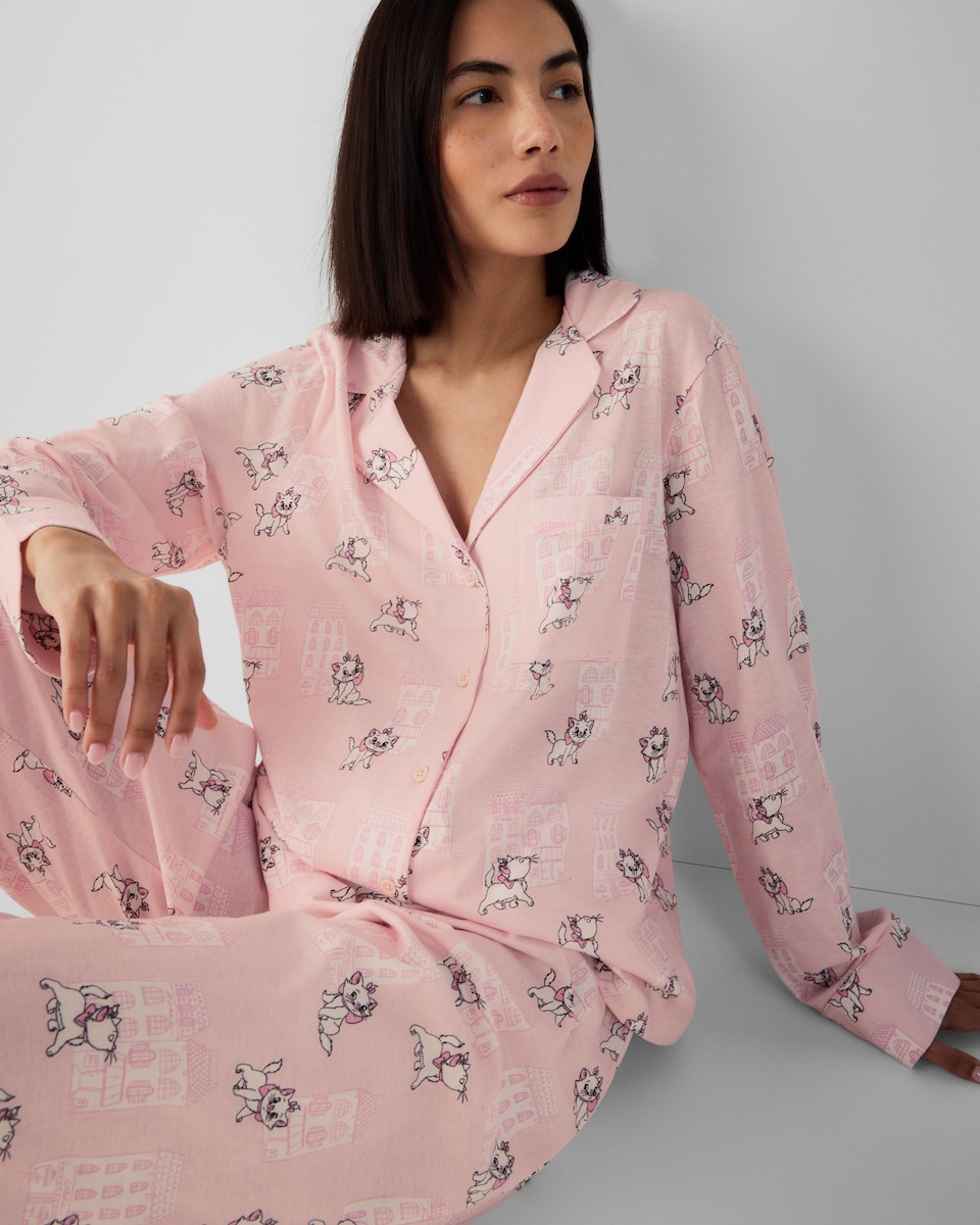 image 1 of Disney Marie Pure Cotton Revere Pyjama Set in Pink