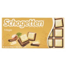 Schogetten Bílá čokoláda s lískooříškovým krokantem na čokoládě gianduja a mléčné čokoládě 100g