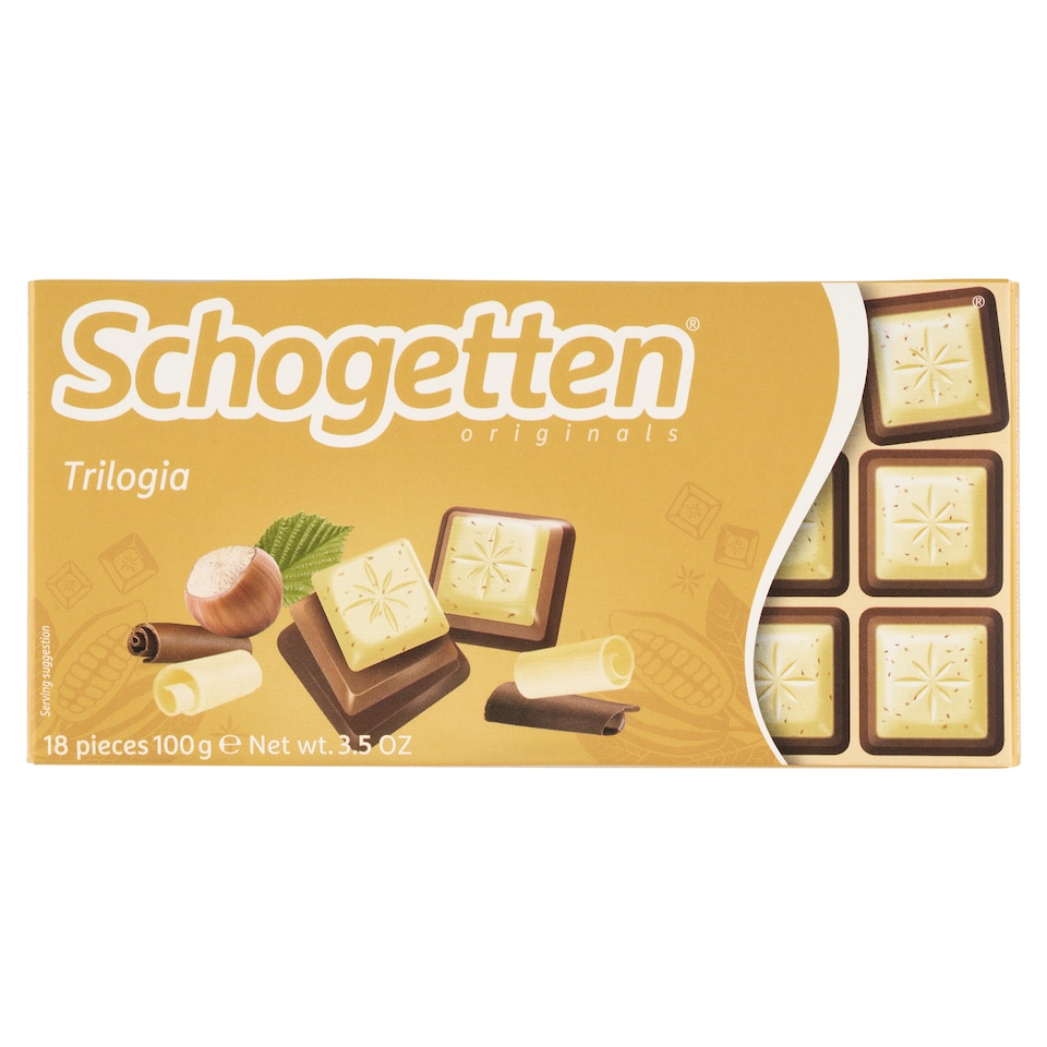 Obrázek 1 pro produkt Schogetten Bílá čokoláda s lískooříškovým krokantem na čokoládě gianduja a mléčné čokoládě 100g