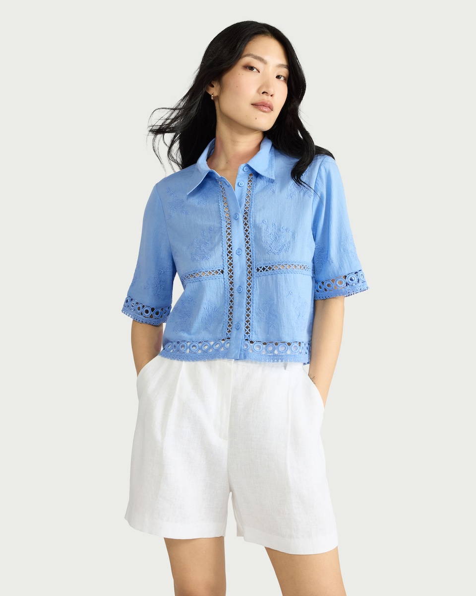 image 1 of The F&F Edit Pure Cotton Embroidered Co-ord Shirt in Blue