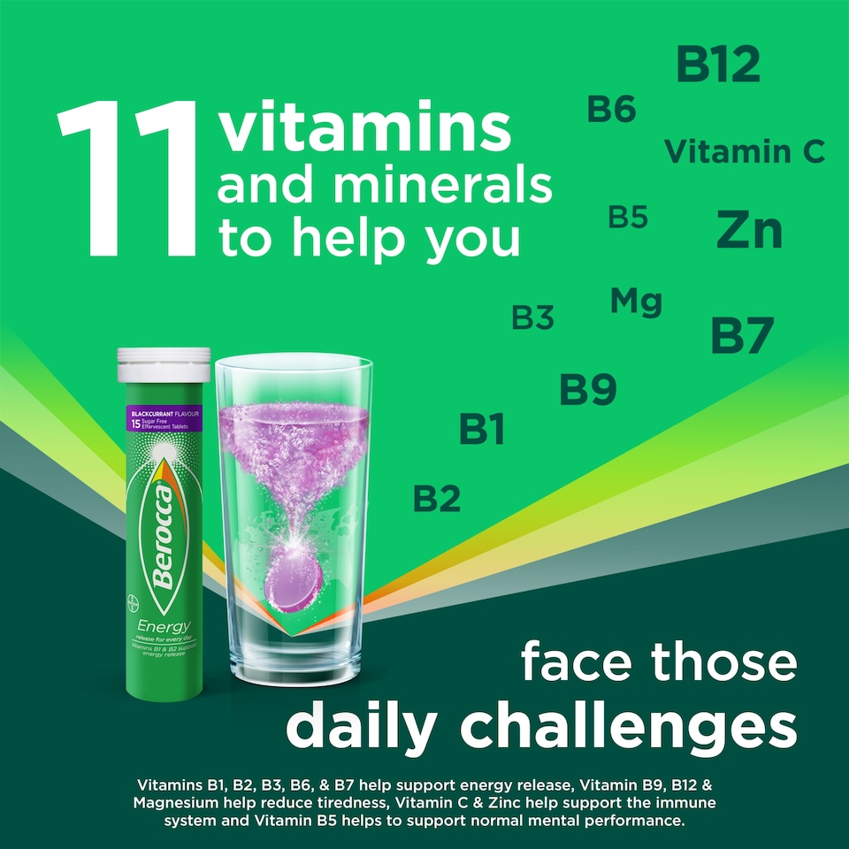 image 1 of Berocca Blackcurrant Effervescent Vitamin Energy Tablets 15s