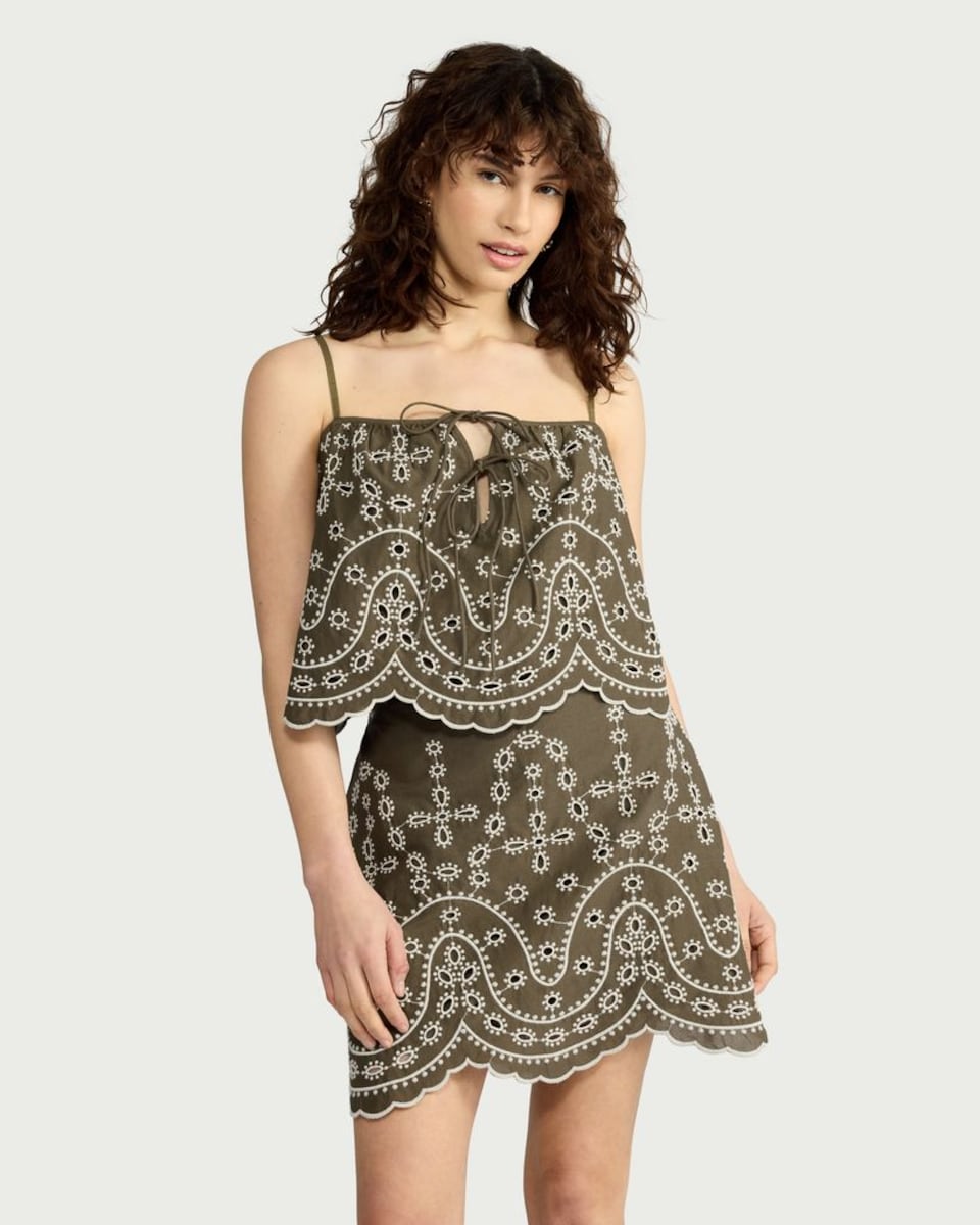 image 1 of F&F Pure Cotton Embroidered Co-ord Top in Khaki