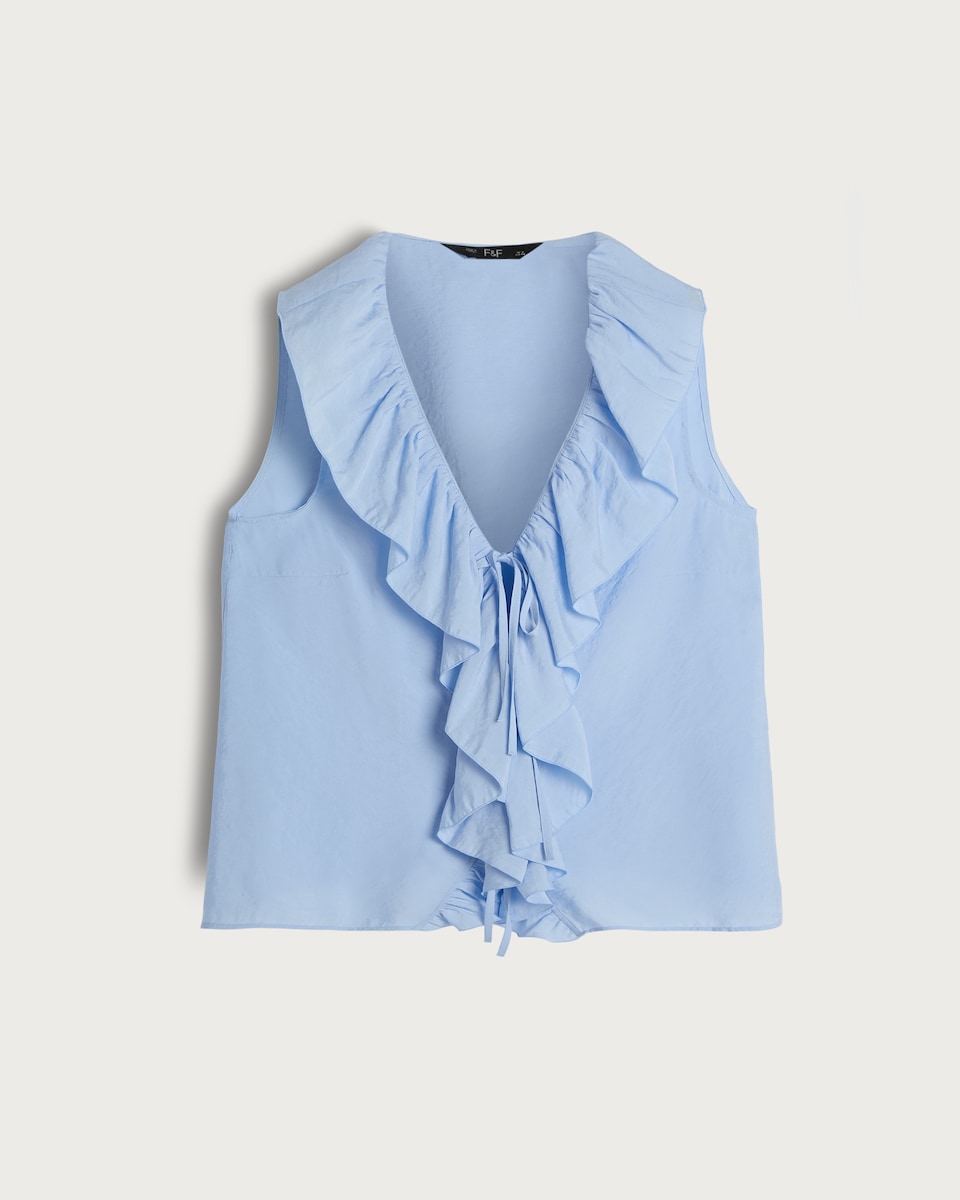 image 1 of F&F Modal Rich Sleeveless Ruffle Front Blouse in Blue