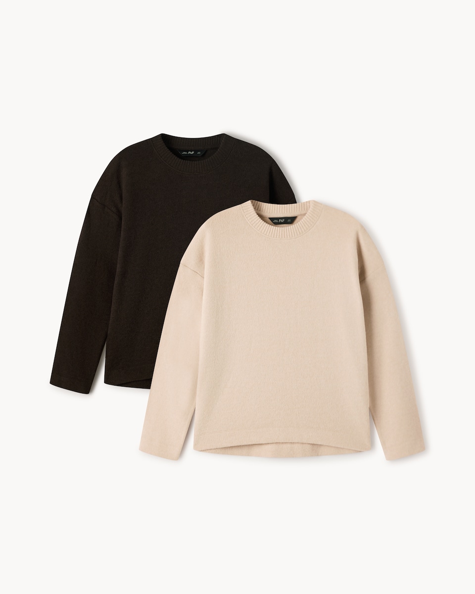 image 1 of F&F 2-Pack Brushed Dropped Shoulder Long Sleeved Tops in Multi Brown