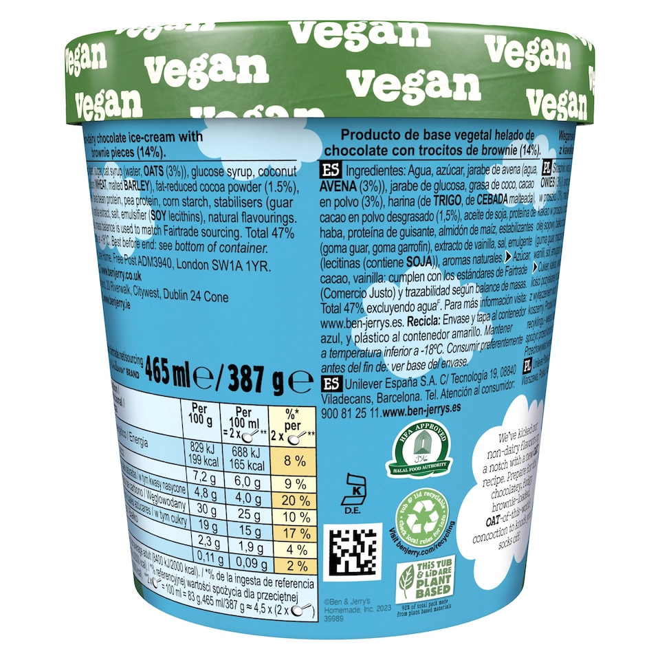 image 1 of Ben & Jerry’s Chocolate Fudge Brownie Non Dairy Ice Cream Tub 465ml