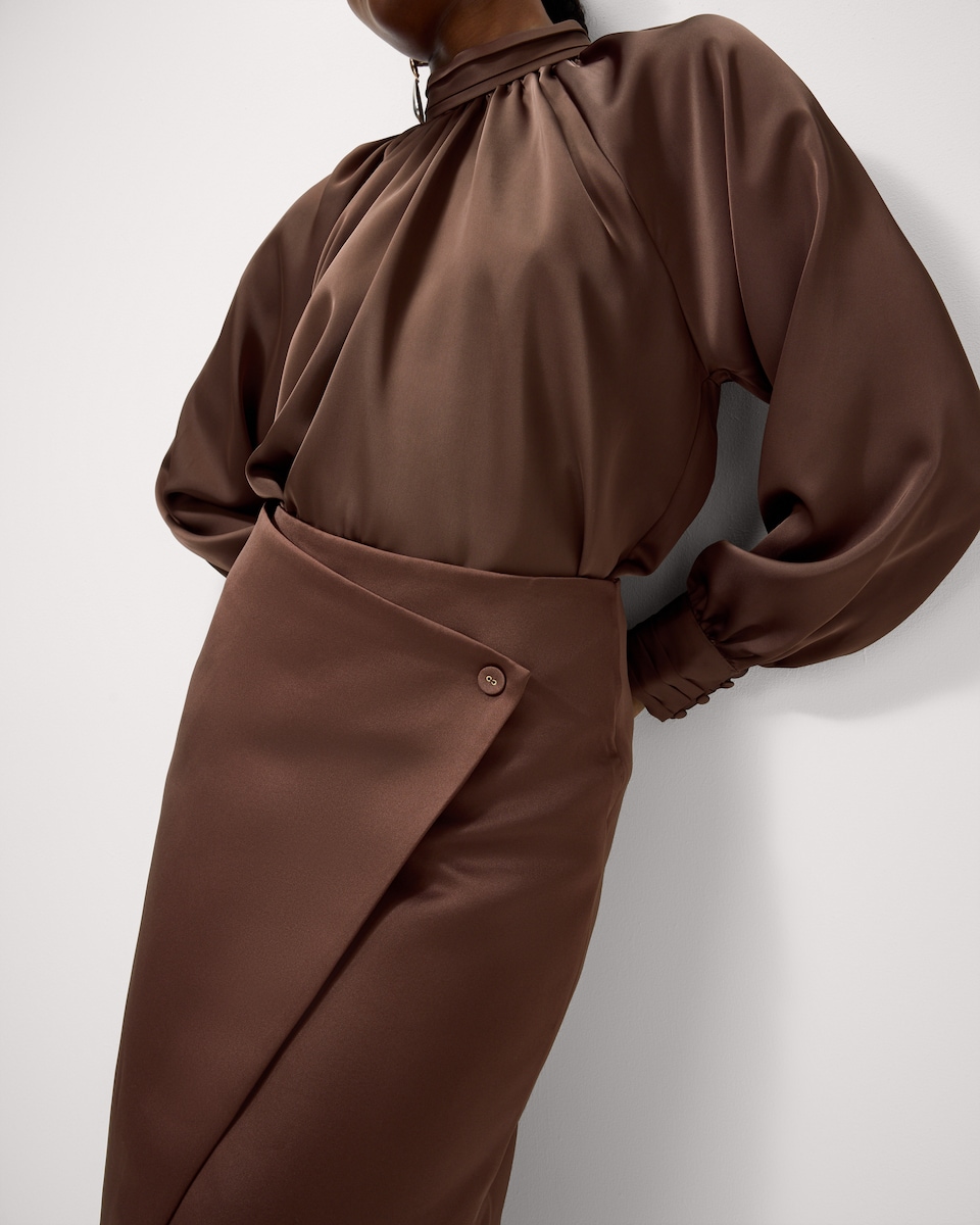 image 1 of F&F Satin Tailored Midi Skirt in Brown