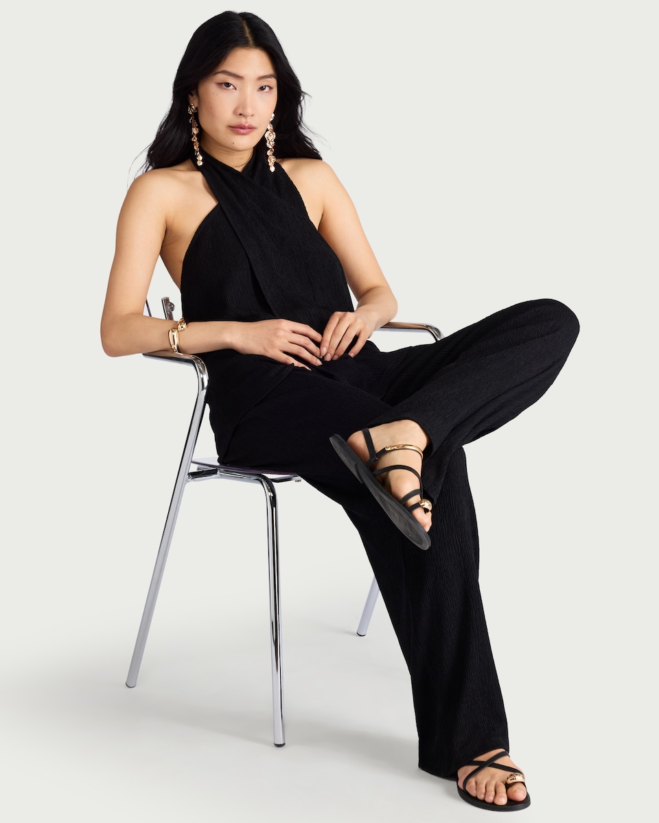 image 1 of F&F Crinkle Textured Co-ord Trousers in Black