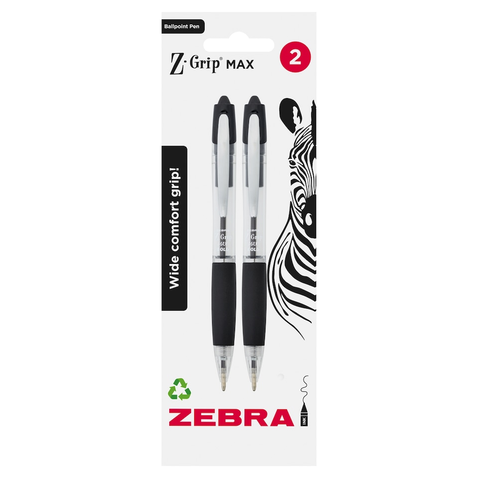 Zebra ZGrip Max Black RT Ball Pens 1.2mm 2pk