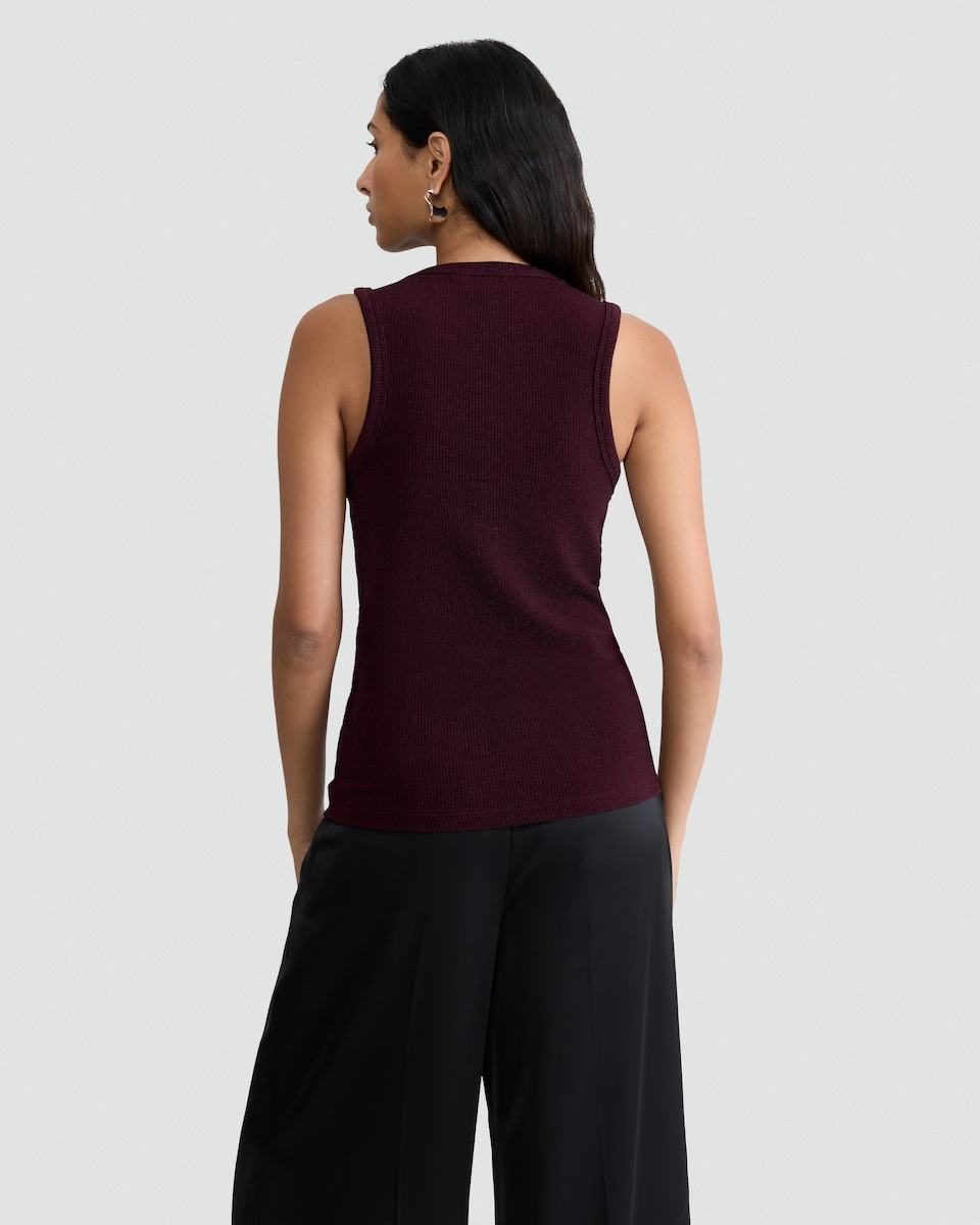 image 1 of F&F Lurex Ribbed Crew Neck Racer Vest in Burgundy