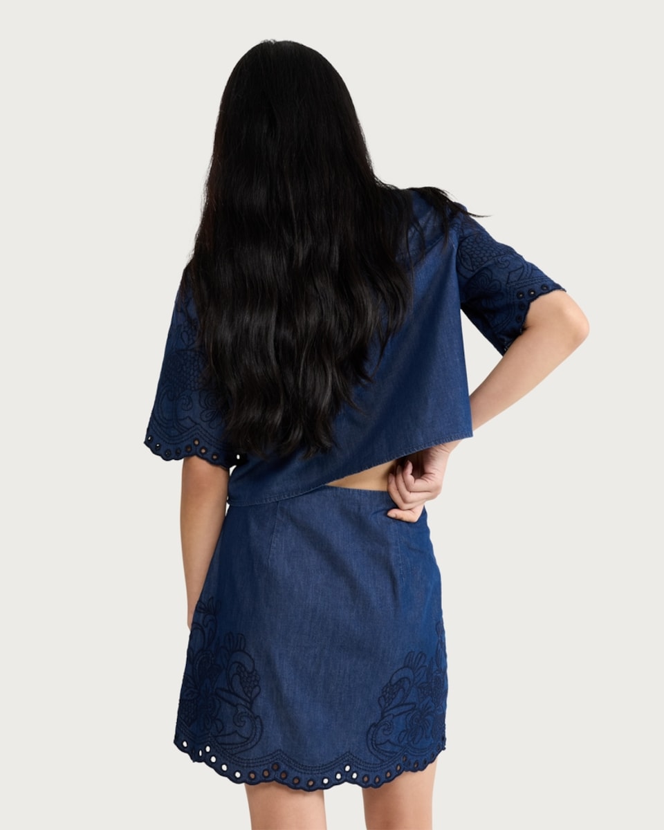 image 1 of The F&F Edit Pure Cotton Embroidered Co-ord Mini Skirt in Blue