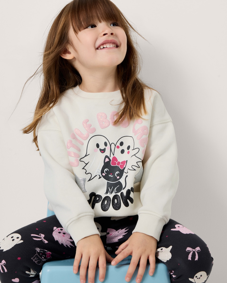 image 1 of F&F Girls Cotton Rich Boo Crew Sweatshirt and Leggings Set in Cream