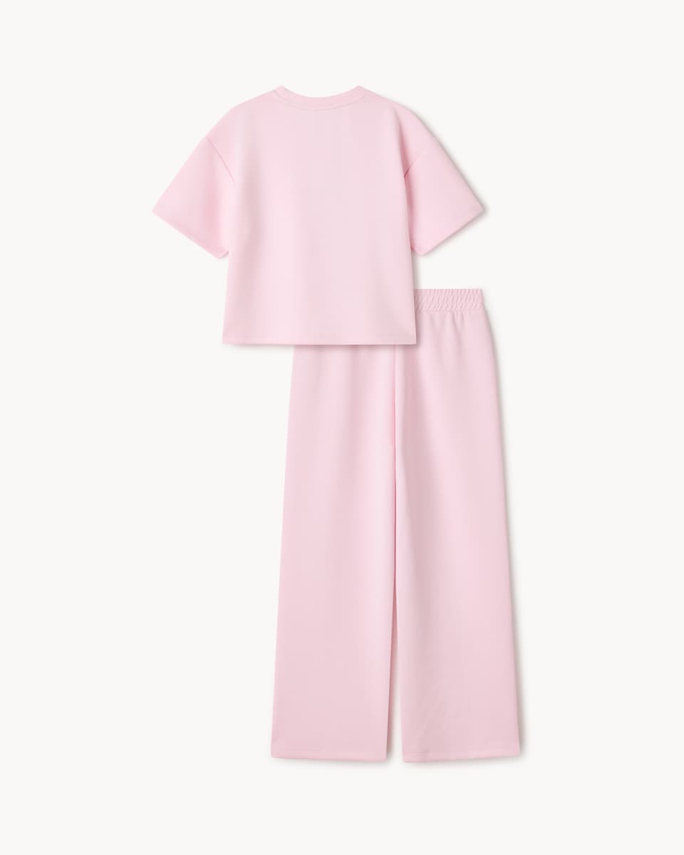 image 1 of F&F Girls Bow Detail Top and Joggers Set in Pink