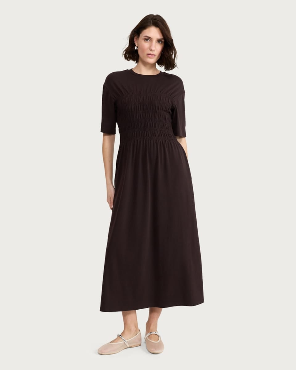 image 1 of F&F Cotton Rich Shirred Waist Midi Dress in Brown