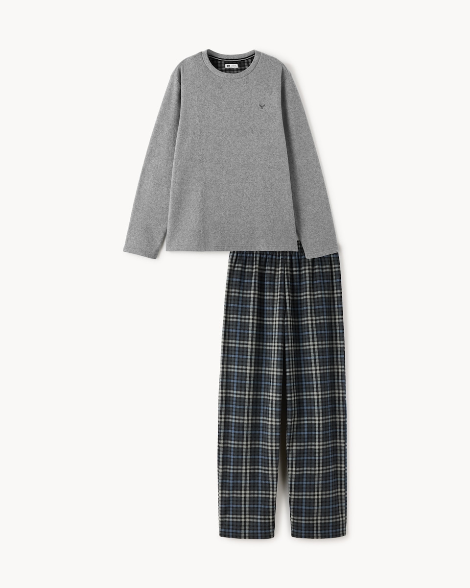 image 1 of F&F Fleece Checked Pyjama Set in Grey