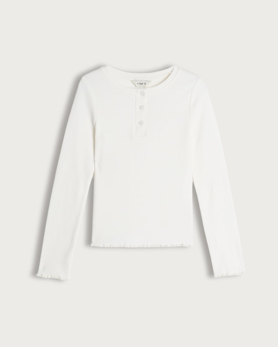 F&F Girls Cotton Rich Long Sleeved Henley Top in White