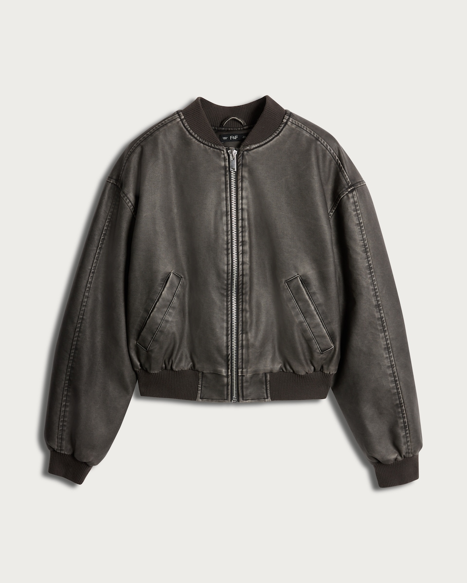 image 1 of F&F Faux Leather Bomber Jacket in Brown