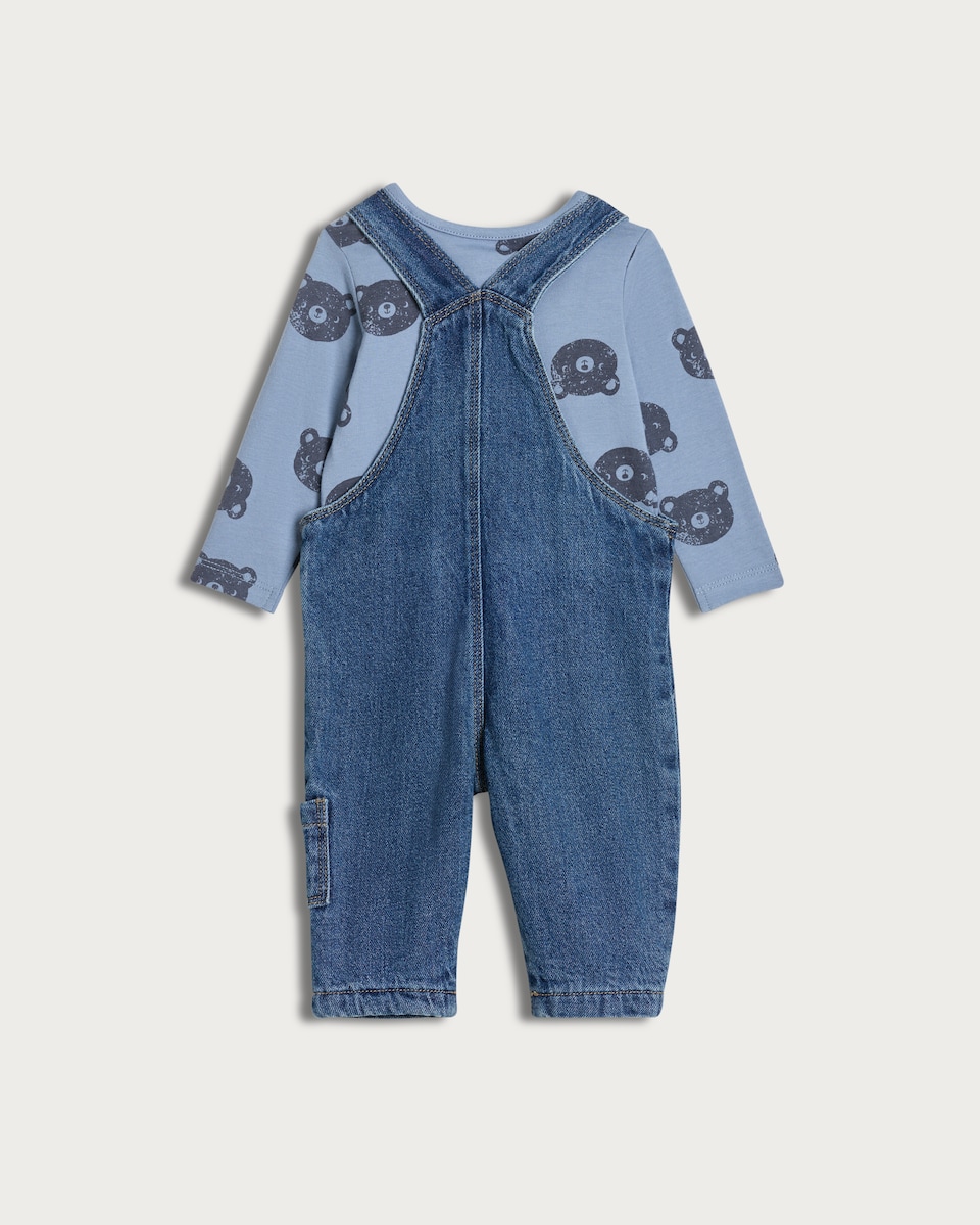 image 1 of F&F Baby 2-Piece Pure Cotton Bodysuit and Dungarees Set in Blue