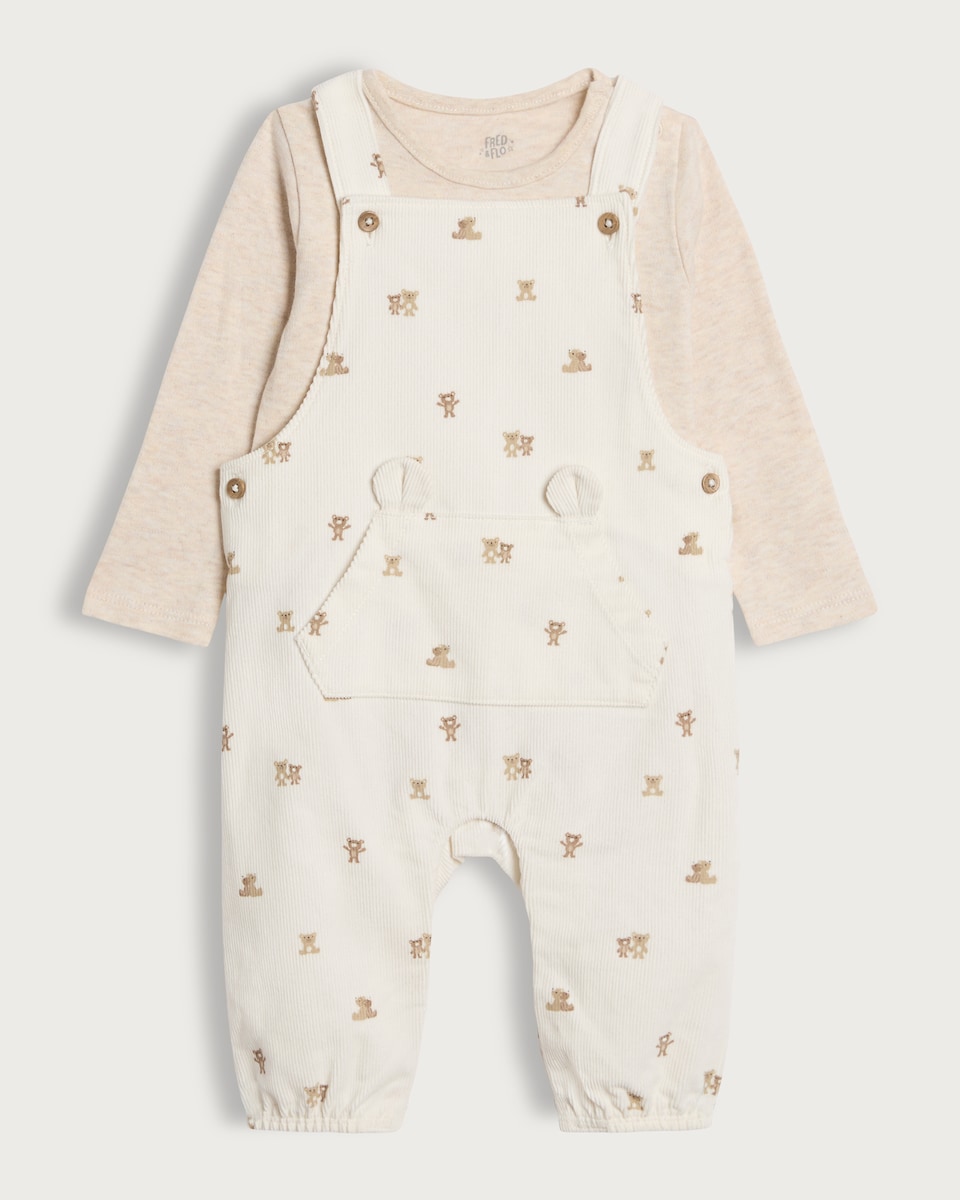 image 1 of F&F Baby 2-Piece Cotton Rich Corduroy Teddy Bear Dungaree and Bodysuit Set in White