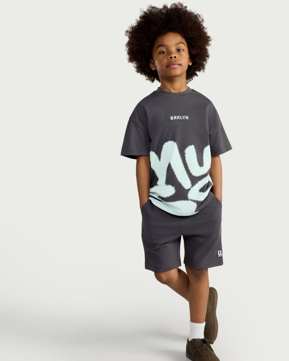 image 1 of F&F Boys 2-Piece Cotton Rich Graffiti Oversized Fit T-Shirt and Shorts Set in Grey