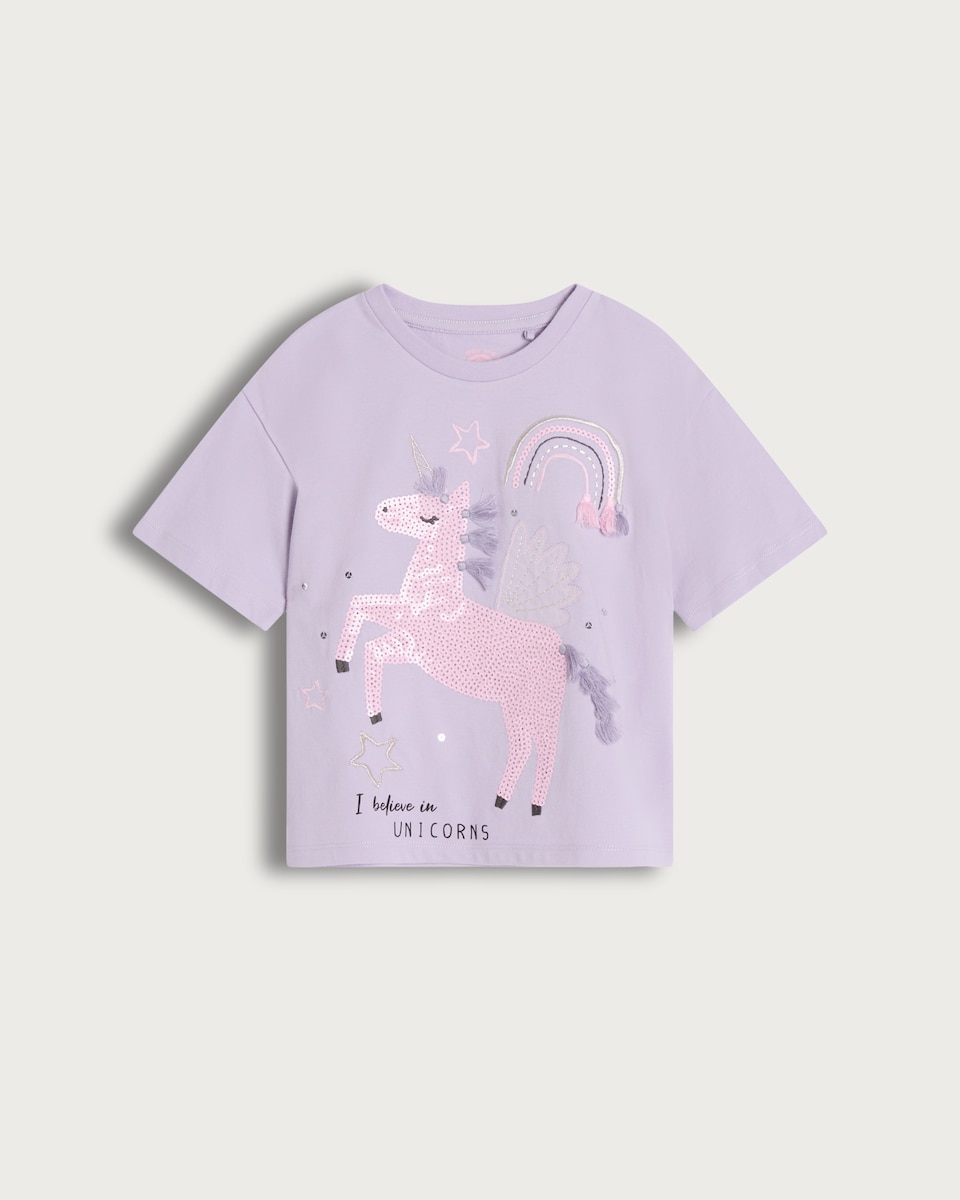 F&F Girls Pure Cotton I Believe in Unicorns Print T-Shirt in Multi