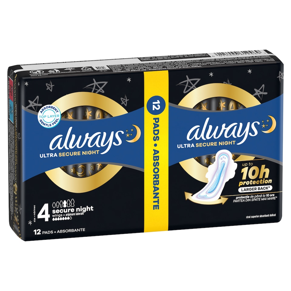Obrázek 1 pro produkt Always, Ultra Secure Night (Velikost 4) Hygienické Vložky, Křidélka x 12, Vložky