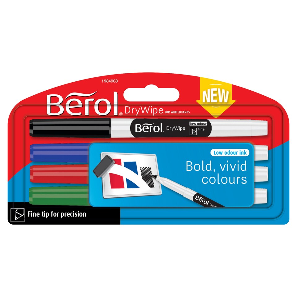 image 1 of Berol Dry Wipe Whiteboard Markers, Fine Tip, 4 Count