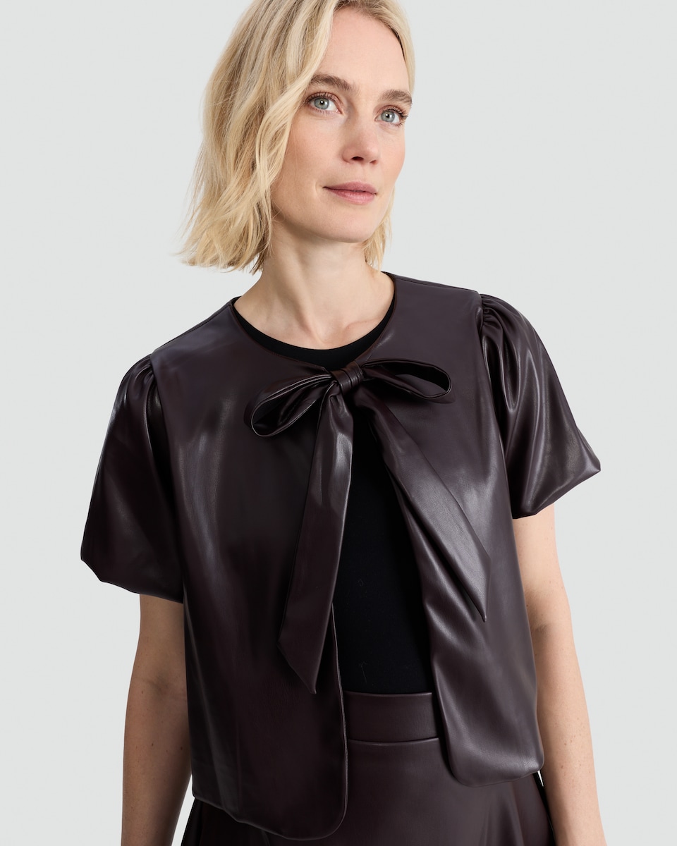 image 1 of OH ME OH MY Faux Leather Tie Front Top in Burgundy