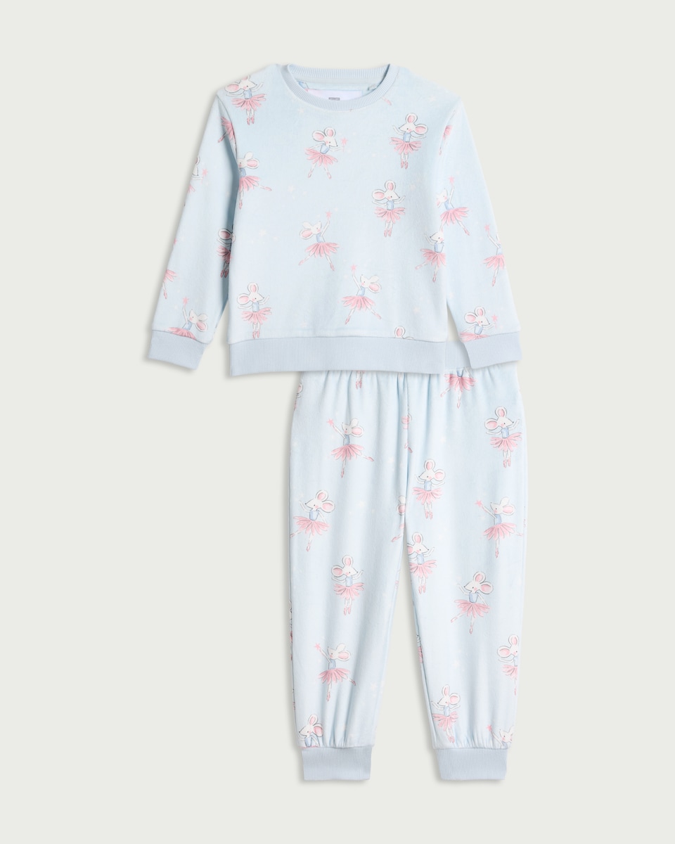 F&F Girls Fleece Fairy Mouse Print Pyjama Set in Blue