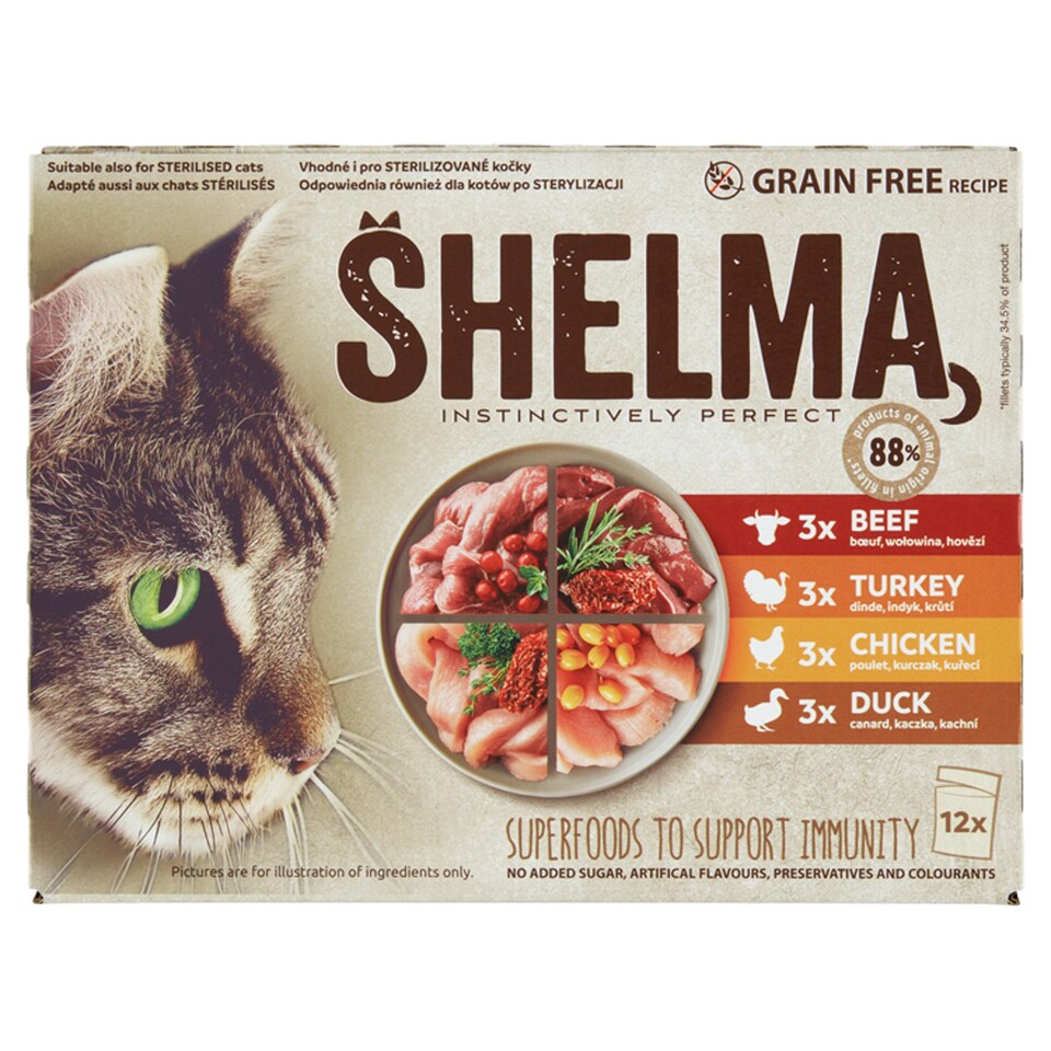 Shelma Dusené filetky bez obilia s kuracinou, hovädzinou, kačacinou a morčacinou 12 x 85 g