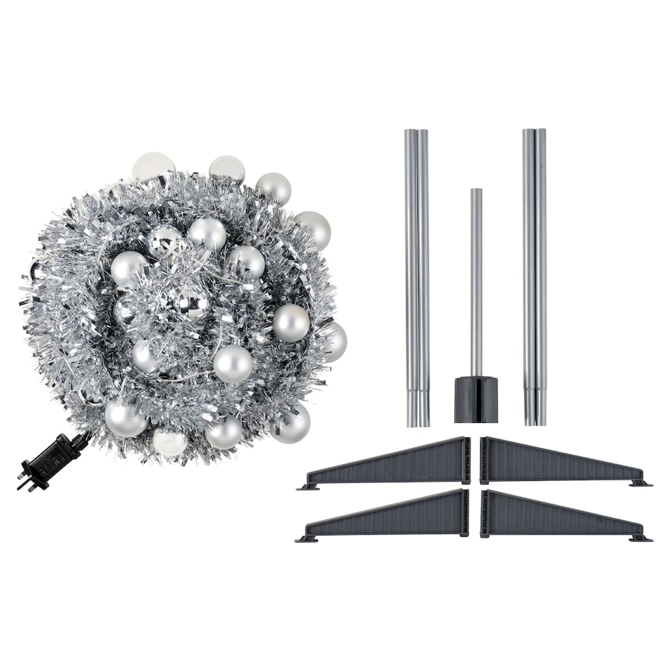 image 1 of Tesco 6FT Pop Up Silver Tinsel Bauble Pre Lit Christmas Tree