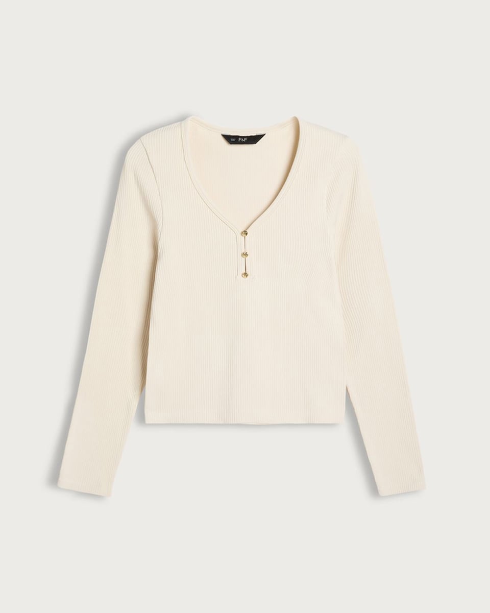 image 1 of F&F Ribbed Seamfree V Neck Button Front Top in Cream