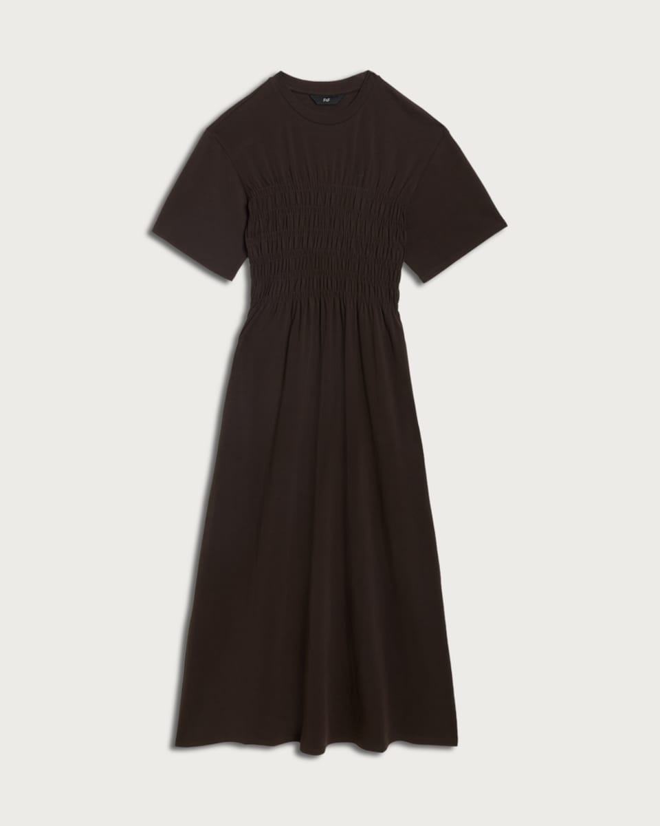 image 1 of F&F Cotton Rich Shirred Waist Midi Dress in Brown