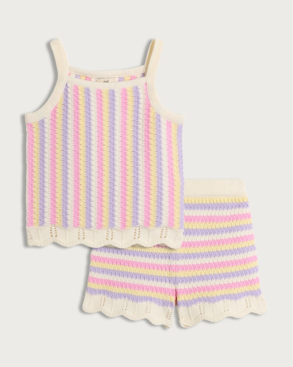 image 1 of F&F 2-Piece Girls Pure Cotton Knitted Rainbow Striped Vest and Shorts Set in Multi