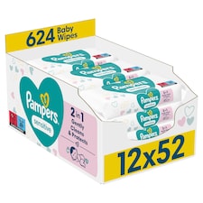 Pampers Sensitive Fragrance Free Baby Wipes 52 Pack X 12