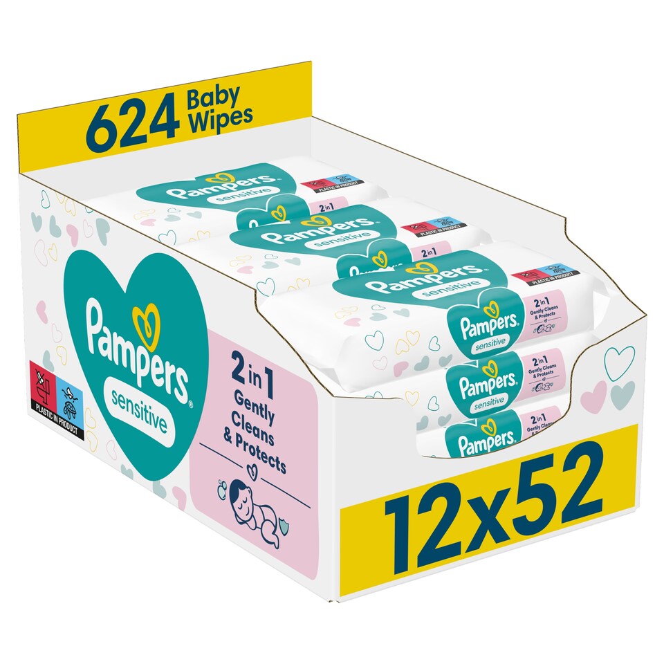 image 1 of Pampers Sensitive Fragrance Free Baby Wipes 52 Pack X 12