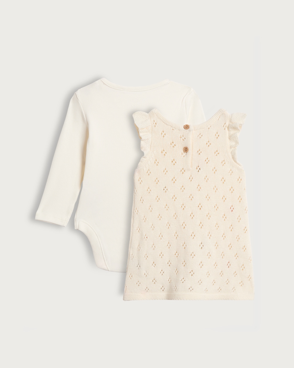 image 1 of F&F Baby 2-Piece Cotton Rich Floral Embroidered Dress and Bodysuit Set in Cream