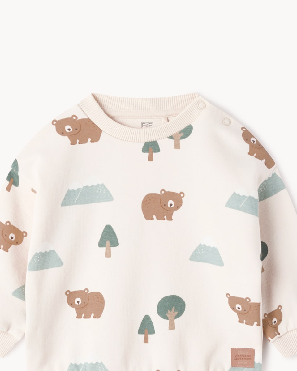 image 1 of F&F Baby Cotton Rich Woodland Print Sweatshirt and Joggers Set in Neutral