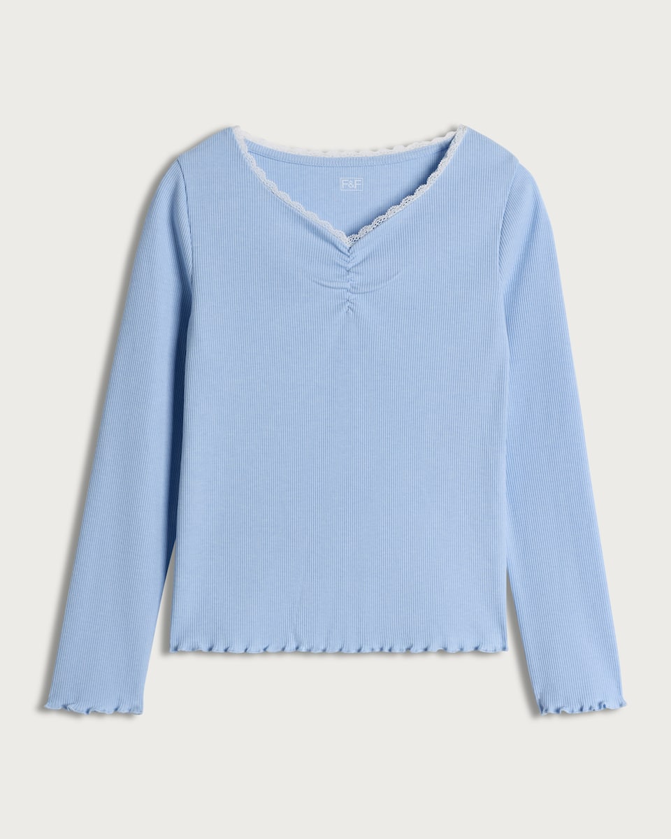 image 1 of F&F Girls Ribbed Lace Trim Long Sleeved Top in Blue