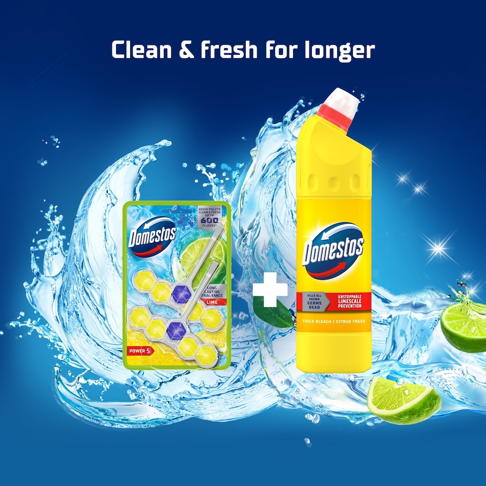 image 1 of Domestos Power 5 Toilet Rim Block Freshener Lime 2x 50g