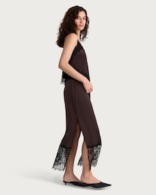 F&F Satin Lace Trim Co-ord Midi Skirt in Chocolate